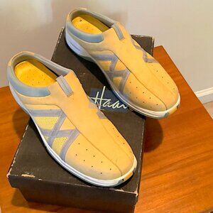 Cole Haan "Air Maxine" Yellow w/ Blue Trim Nubuck Suede Mules,  Size 8.5